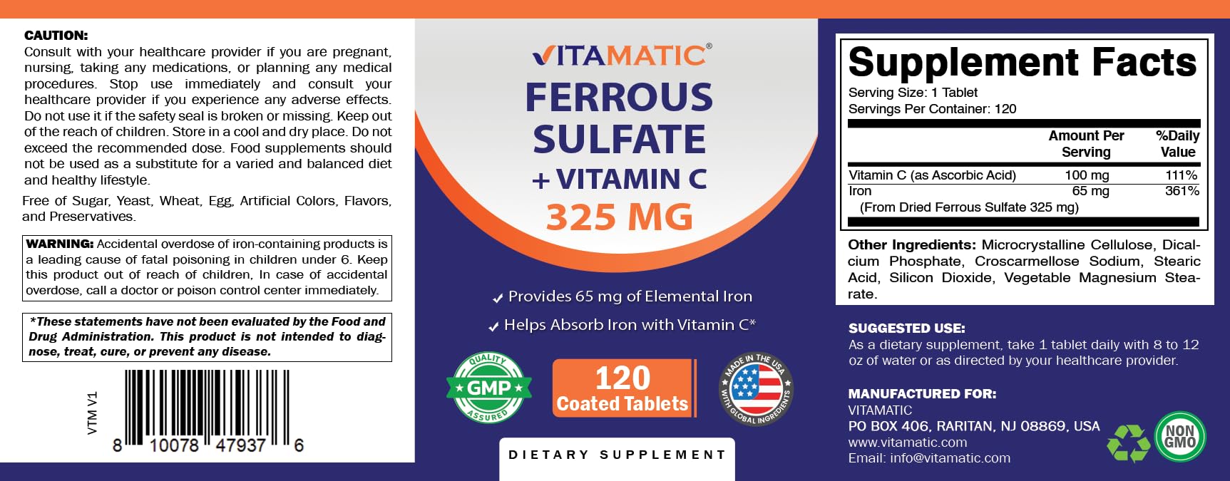 Vitamatic Ferrous Sulfate 325 mg with Vitamin C 100 mg, 120 Coated Tablets