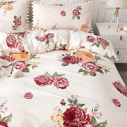 Miniatura 3 de Jolusere Juego de funda de edredón botánico floral rojo, tamaño Queen, funda de edredón con pompones blancos, funda de edredón estética, bohemio,