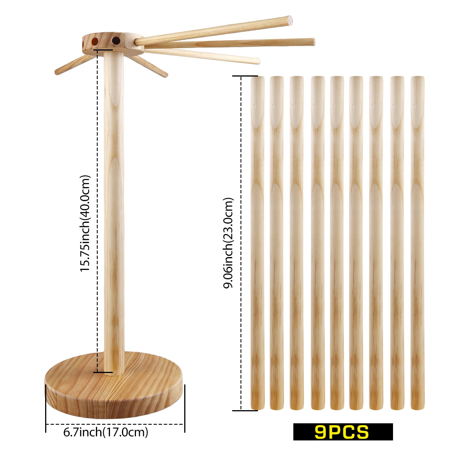 SPORWAY Essiccatore per pasta in legno: asciugabasta pieghevole in legno con 9 bracci rimovibili fino a 4,5 kg, versatile e riutilizzabile, supporto per pasta fatta in casa