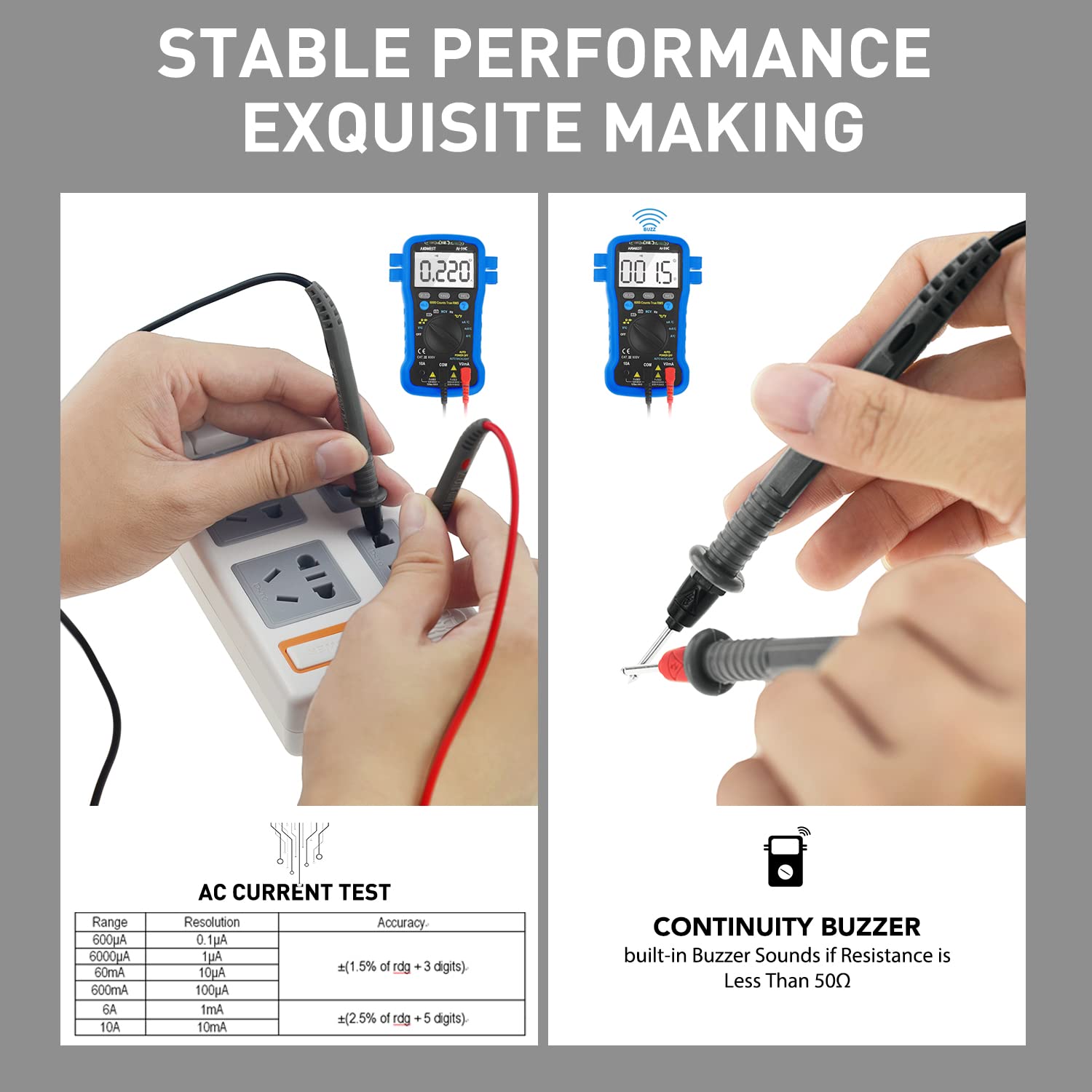 Image showing AC current test table with ranges and accuracy, and a description of the continuity buzzer feature.