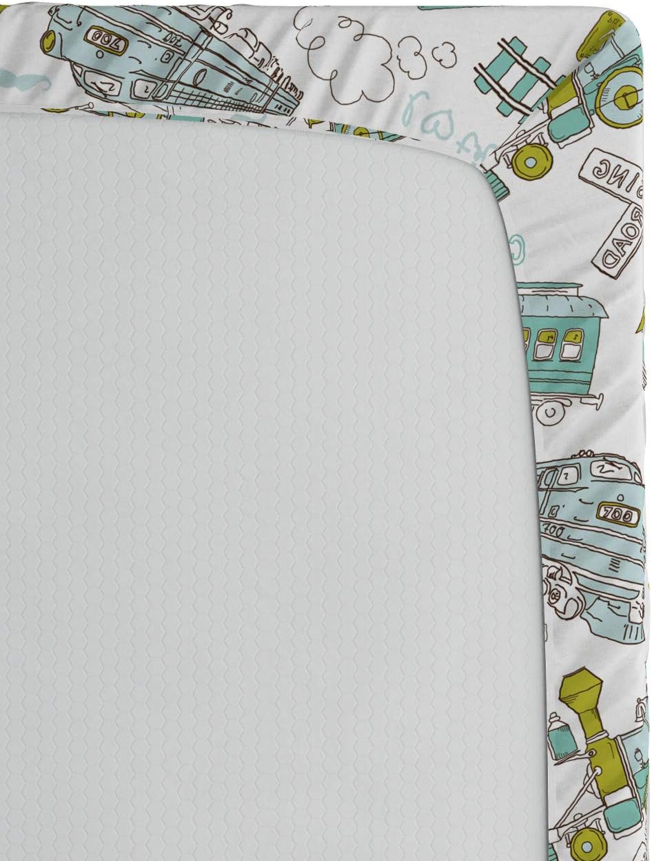 Ambesonne Steam Engine Fitted Sheet, Choo Choo Train Pattern and Number Signs Vintage Travel Theme Print, Bed Cover with All-Round Elastic Deep Pocket for Comfort, Twin Size, Apple Green Turquoise