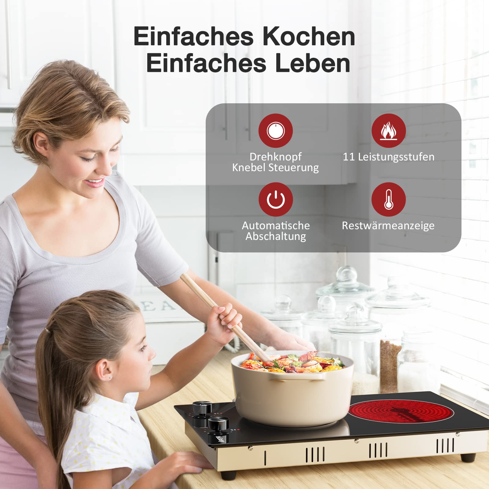 IsEasy Domino Glaskeramikkochfeld 2 Platten 3200W 29.5cm 11 Leistungsstufen Schwarz
