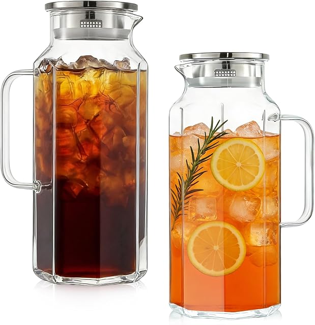 Paquet de 2 2 Liters/68 oz Octagon Pitcher en verre avec lis et goutte d'eau, Pitchers en eau avec poignée pour réfrigérateur, Carafe en verre Borosilicate pour boisson chaude/froide, Extra grand jug pour thé glacé, café.