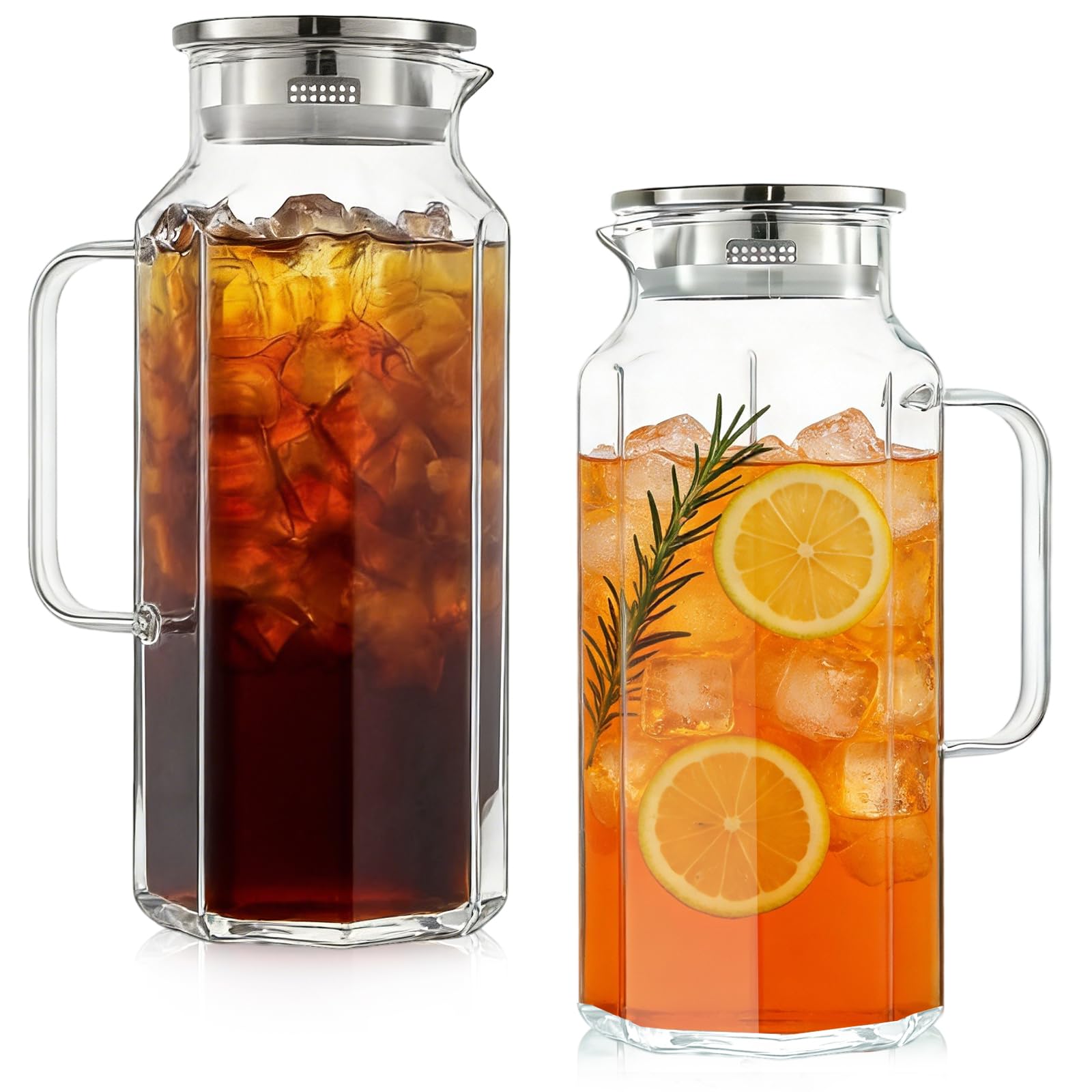 Photo 1 of 2 Pack 2 Liters/68 oz Octagon Glass Water Pitcher with Lid and Spout, Water Pitchers with Handle for Fridge, Borosilicate Glass Carafe for Hot/Cold Drink, Extra Large Jug for Iced Tea, Coffee.