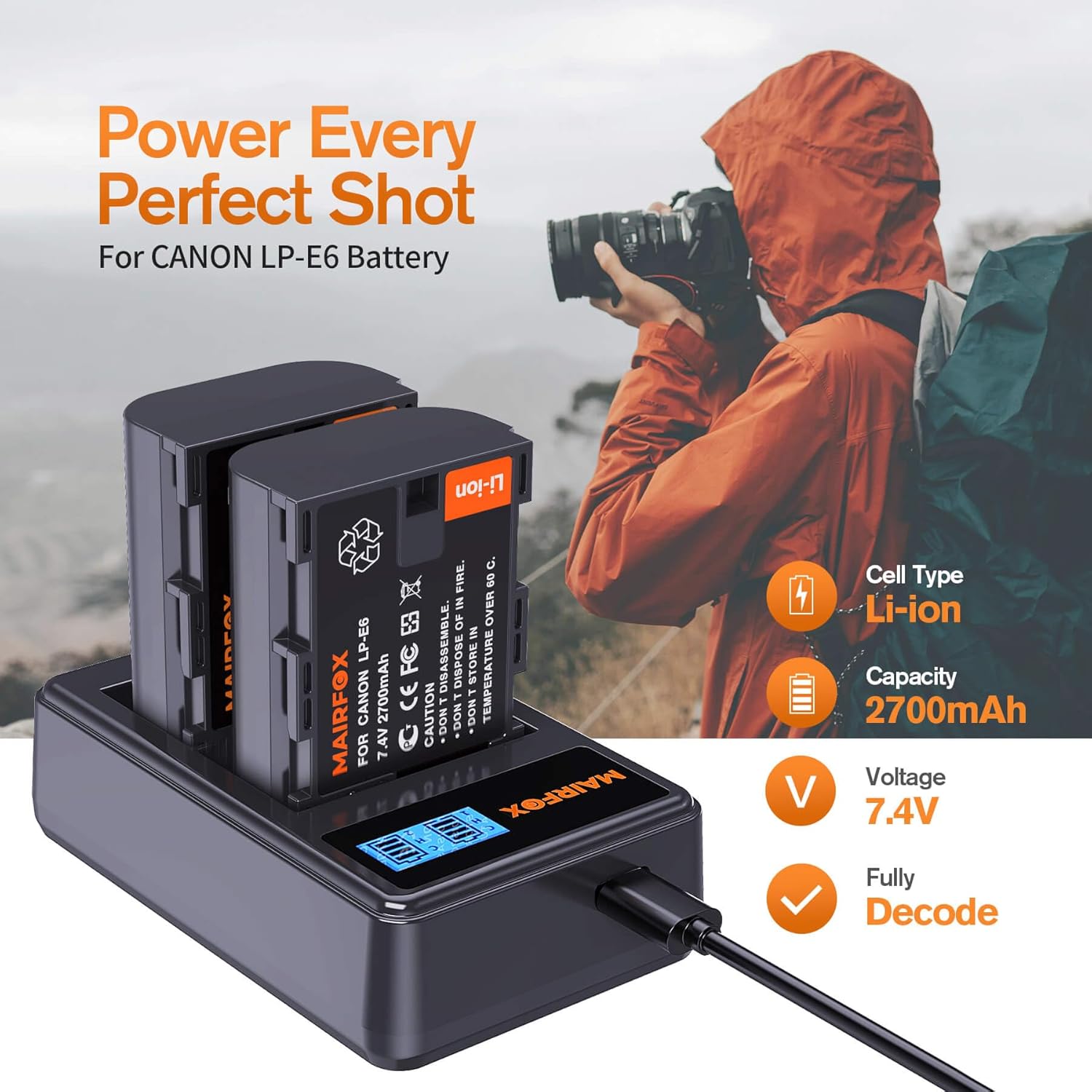 MAIRFOX 2-Pack LP-E6 LP-E6N Battery and Smart Charger for Canon EOS R Ra, 5D Mark II/III/IV, 5DS/5DSR, 6D/6D Mark II, 7D/7D Mark II, 80D 70D 60D, XC10 XC15 Cameras, 2700mAh