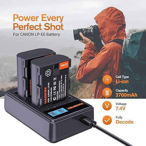 Miniatura 2 de MAIRFOX Paquete de 2 baterías LP-E6 LP-E6N y cargador inteligente para Canon EOS R Ra, 5D Mark IIIIIIV, 5DS5DSR, 6D6D Mark II, 7D7D Mark II, 80D 70D