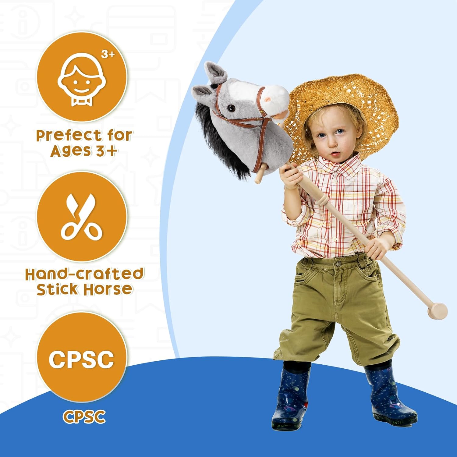 HollyHOME Stick Horse Plush Handcrafted Hobby Horse on a Stick with Wood Wheels Real Pony Neighing and Galloping Sounds for Kids Toddlers Grey 36 Inches(AA Batteries Required)