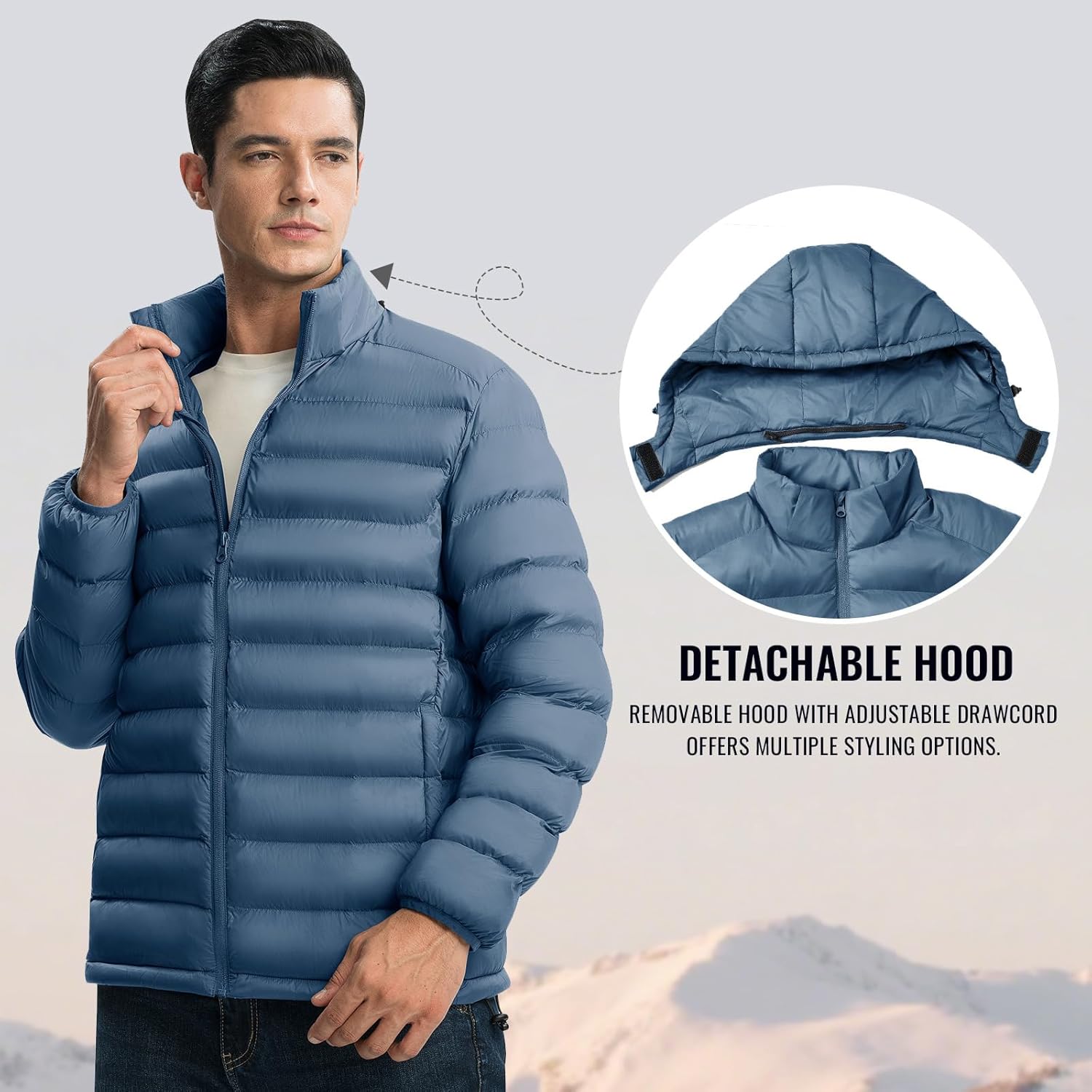 Rdruko Men's Puffer Jacket with Detachable Hood Lightweight Water Resistant Insulated Winter Puffy Coat - Image 5