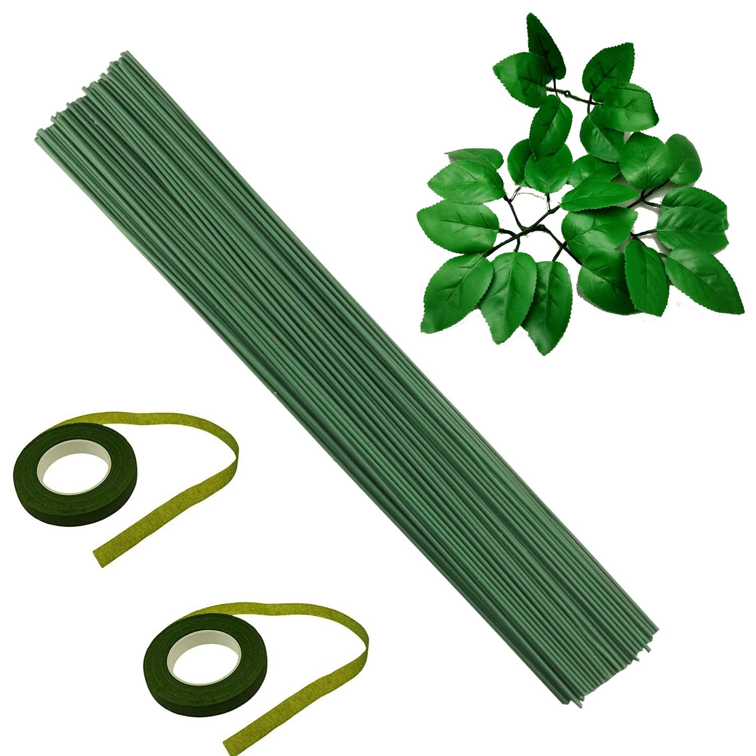 15.5 Inch Dark Green Floral Stem Wire Crafting Floral Paper Wrapped Wire for Artificial Flowers Making, Plant Stub Stem (50pc wire, 2pc Tape & 15pc Leaves, Green Plastic Coated 15Inch)-image-17
