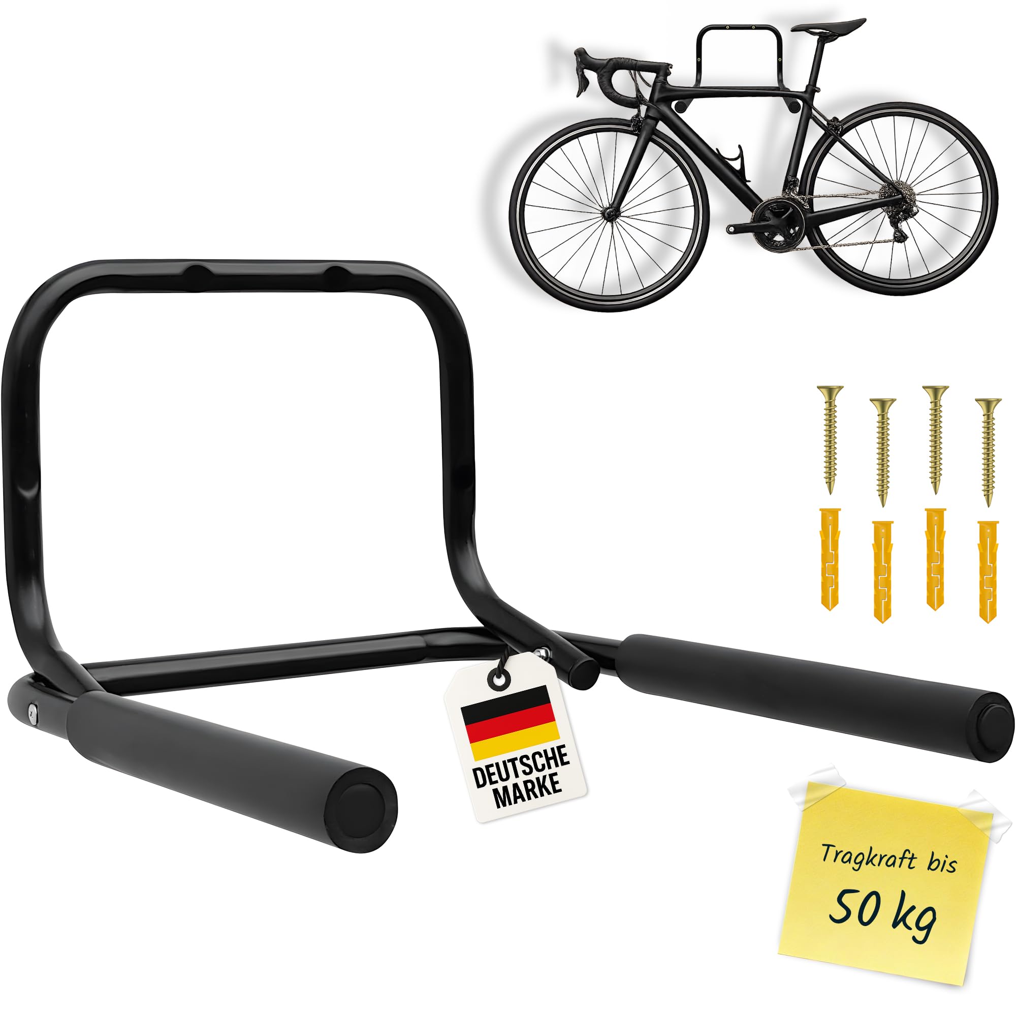 WELLGRO® Wand Fahrradhalter - Stahl, schwarz, klappbar, Tragkraft bis 50 kg, Wandmontage, weiche Schaumstoffpolsterung