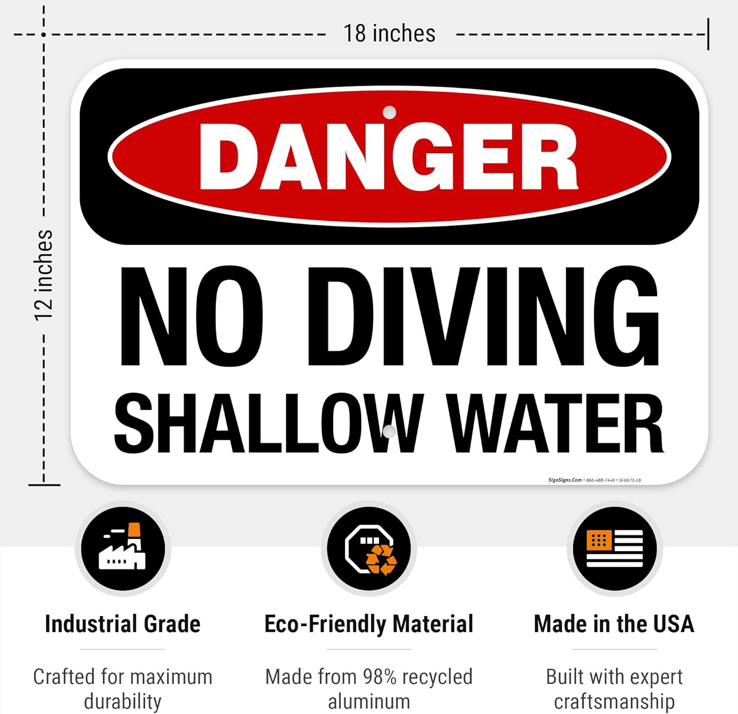 No Diving Shallow Water Sign, Pool Sign, (SI-6673) 12x18 Inches, Rust Free .063 Aluminum, Fade Resistant, Made in USA