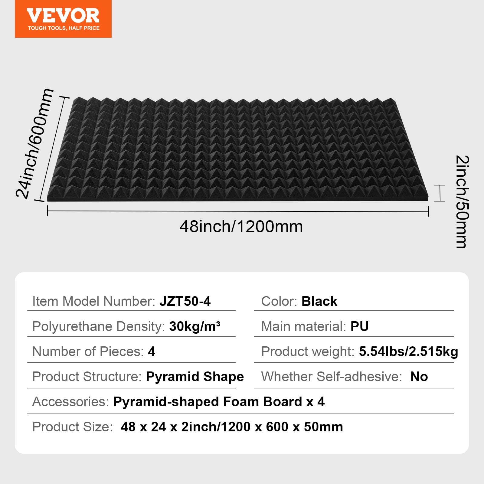 VEVOR Pannelli Acustici in Schiuma, Piramidali Adesivi per Pareti, Pannelli Fonoassorbenti Acustici, Pannelli Acustici per Pareti e Soffitti, 4 Pezzi, 1200 x 600 x 50 mm, Nero