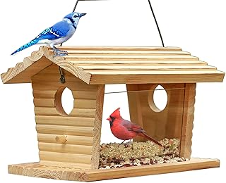 STARSWR Bluebird Feeder Outside,Mealworm Bird Feeder for Outdoors Squirrel Proof Hanging Birdhouse Feeder Wooden Bird House Feeder for Cardinal，Finch