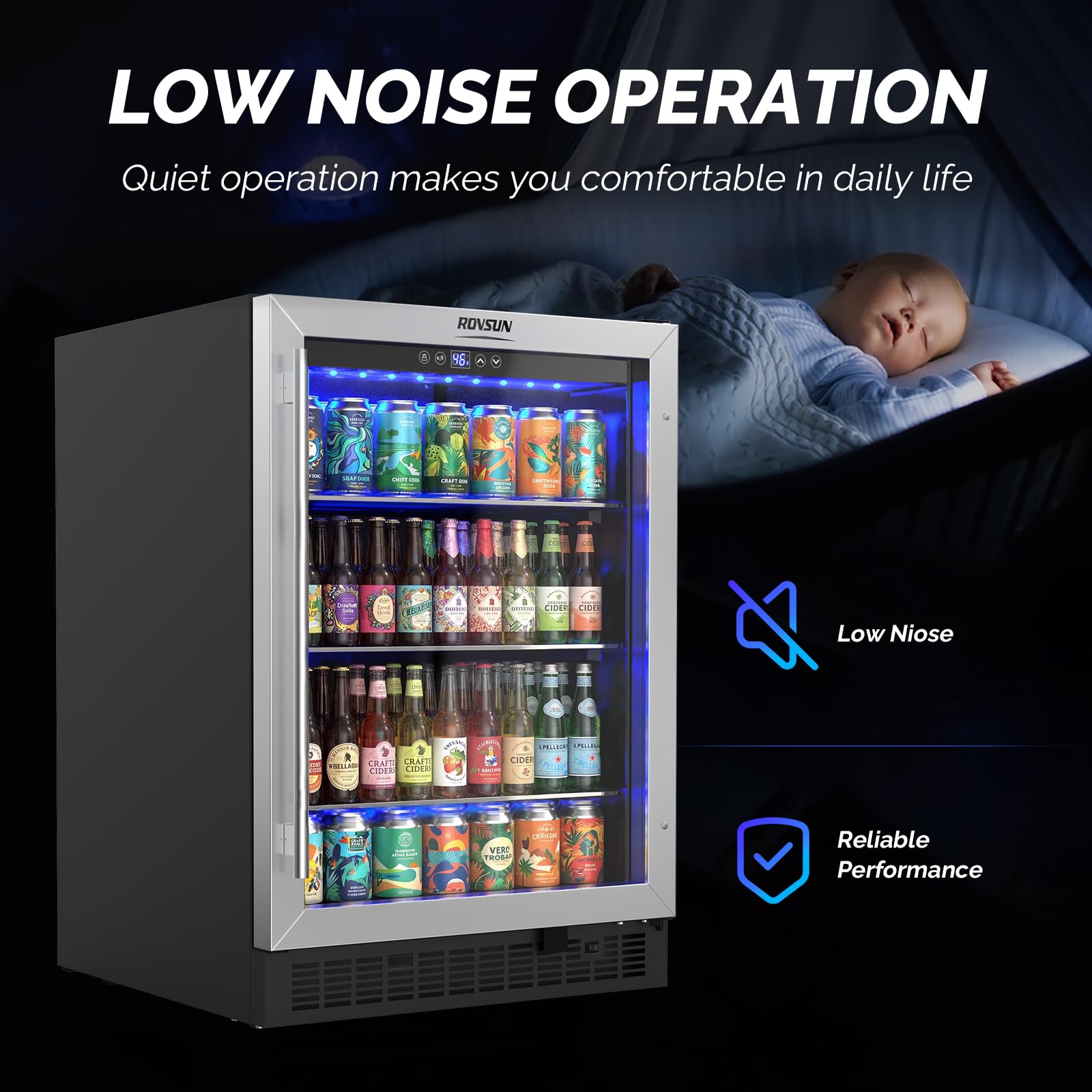 Rovsun 24 Inch Beverage Refrigerator, 5.8 Cu.Ft. Under Counter Beverage Fridge With Glass Door And Touch Temperature Control For Soda, Beer, Built-In Or Freestanding Cooler For Kitchen, Bar, Office on Fridge.com - View 5