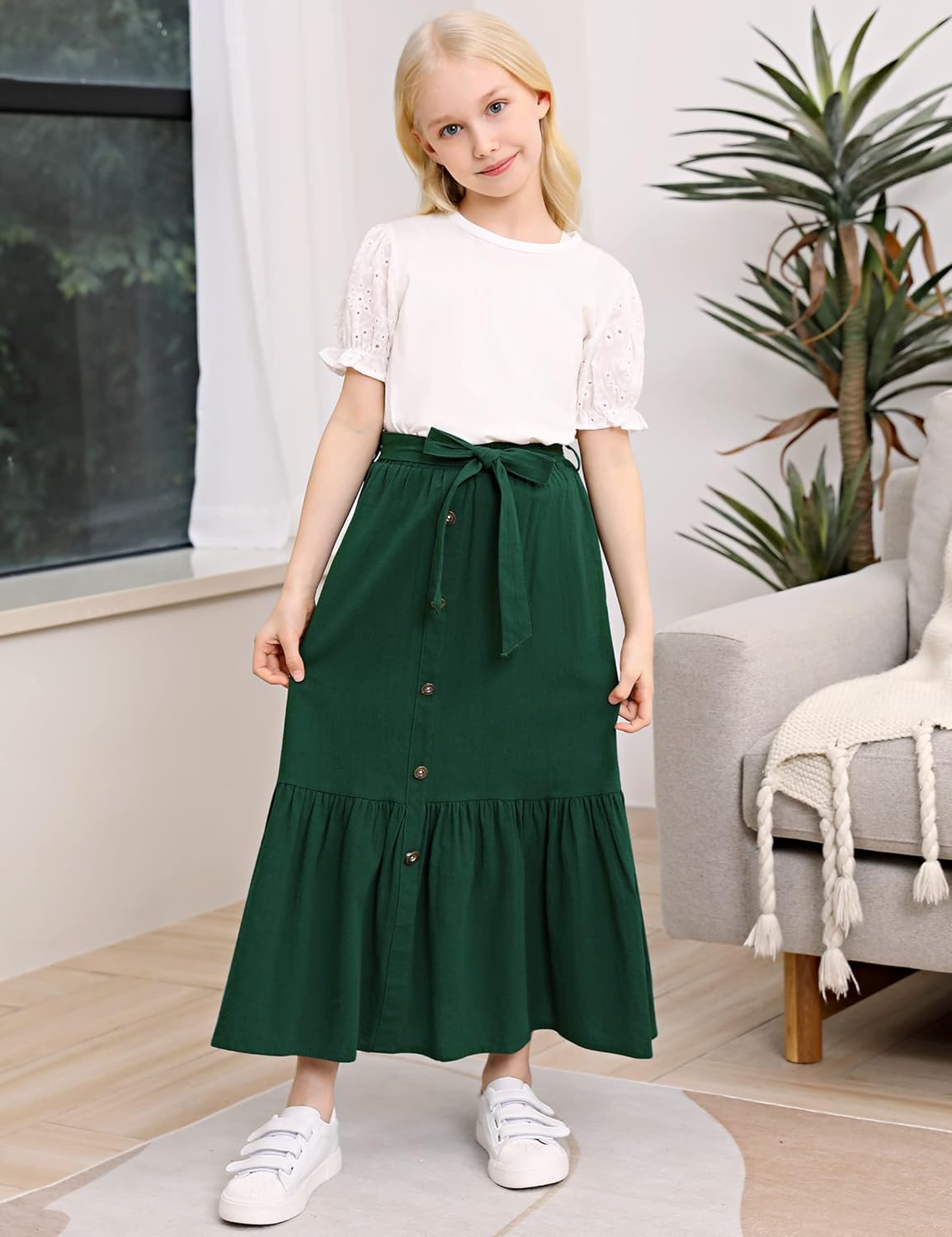 Maxi Skorts Skirt for Girls Button Front High Waisted Long Skirt with Belt Ruffled Skirts with Pocket 3-12Years - Image 4
