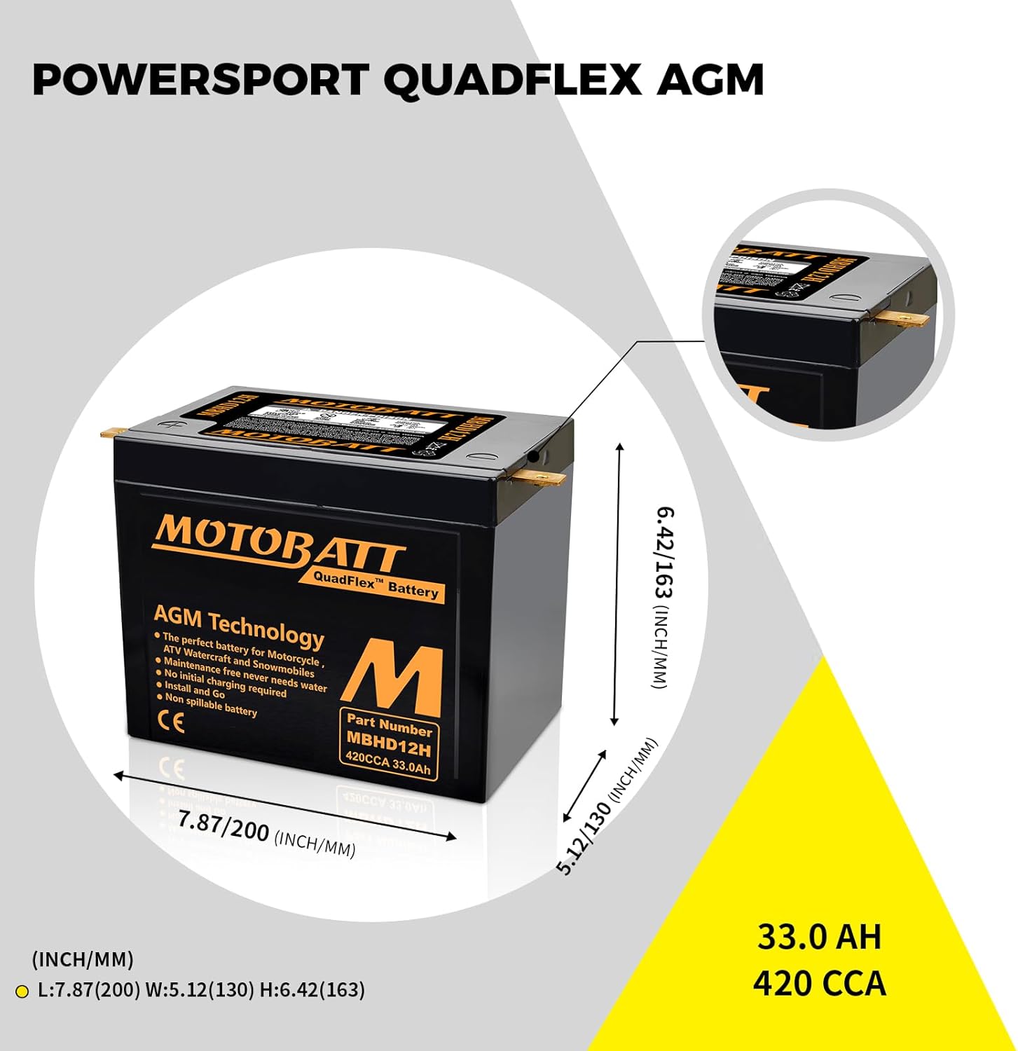 MotoBatt 12 Volt 33 Ah MBHD12H Sealed Maintenance Free AGM Battery Replaces - YHD-12H