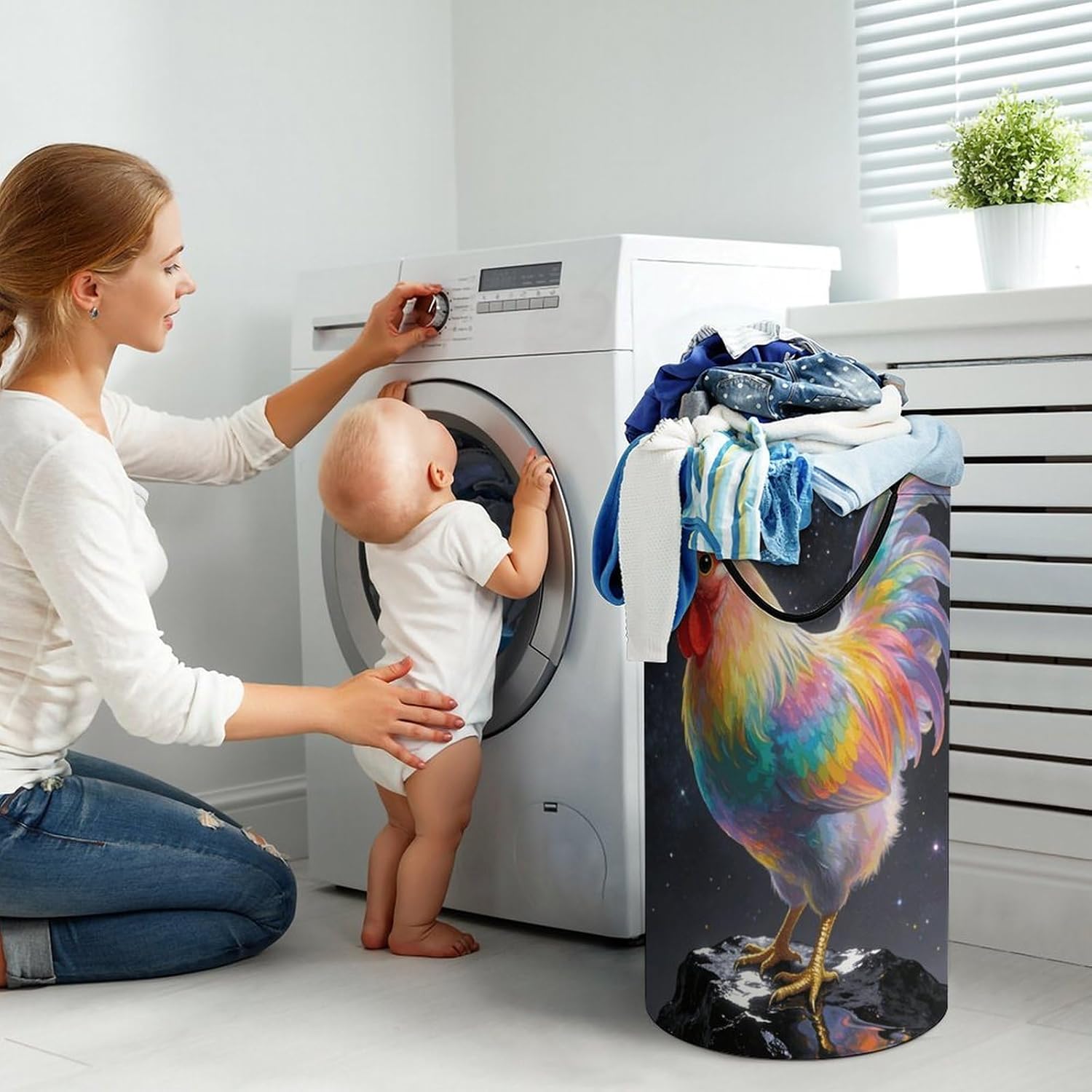 Rooster Laundry Hamper with Handles Waterproof Collapsible Laundry Basket Large Lightweight Round Dirty Clothes Hamper for Home Dorm Bathroom Decor