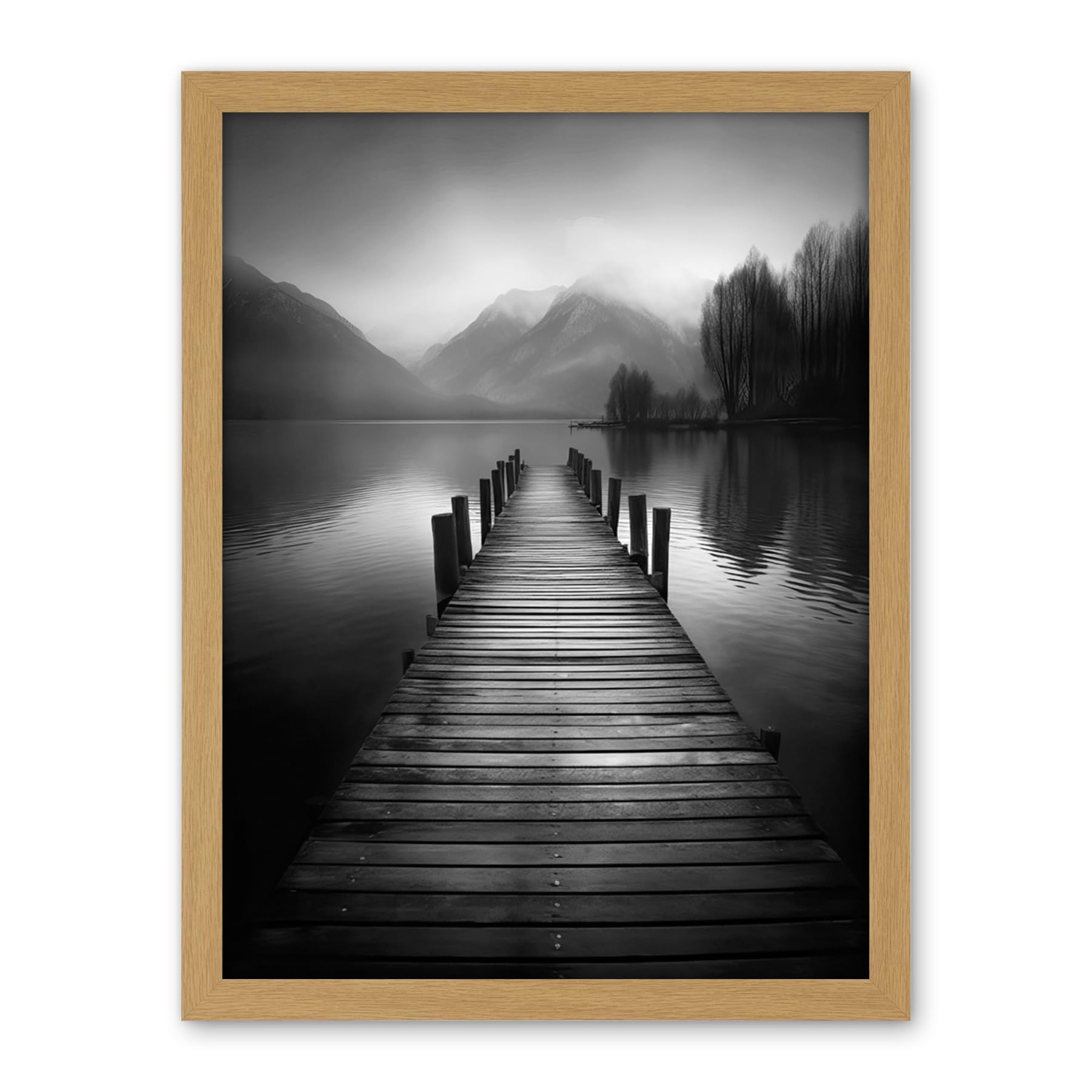 Artery8 Lake Pier Mountain Landscape Black and White Photo Artwork Framed Wall Art Print 18X24 Inch