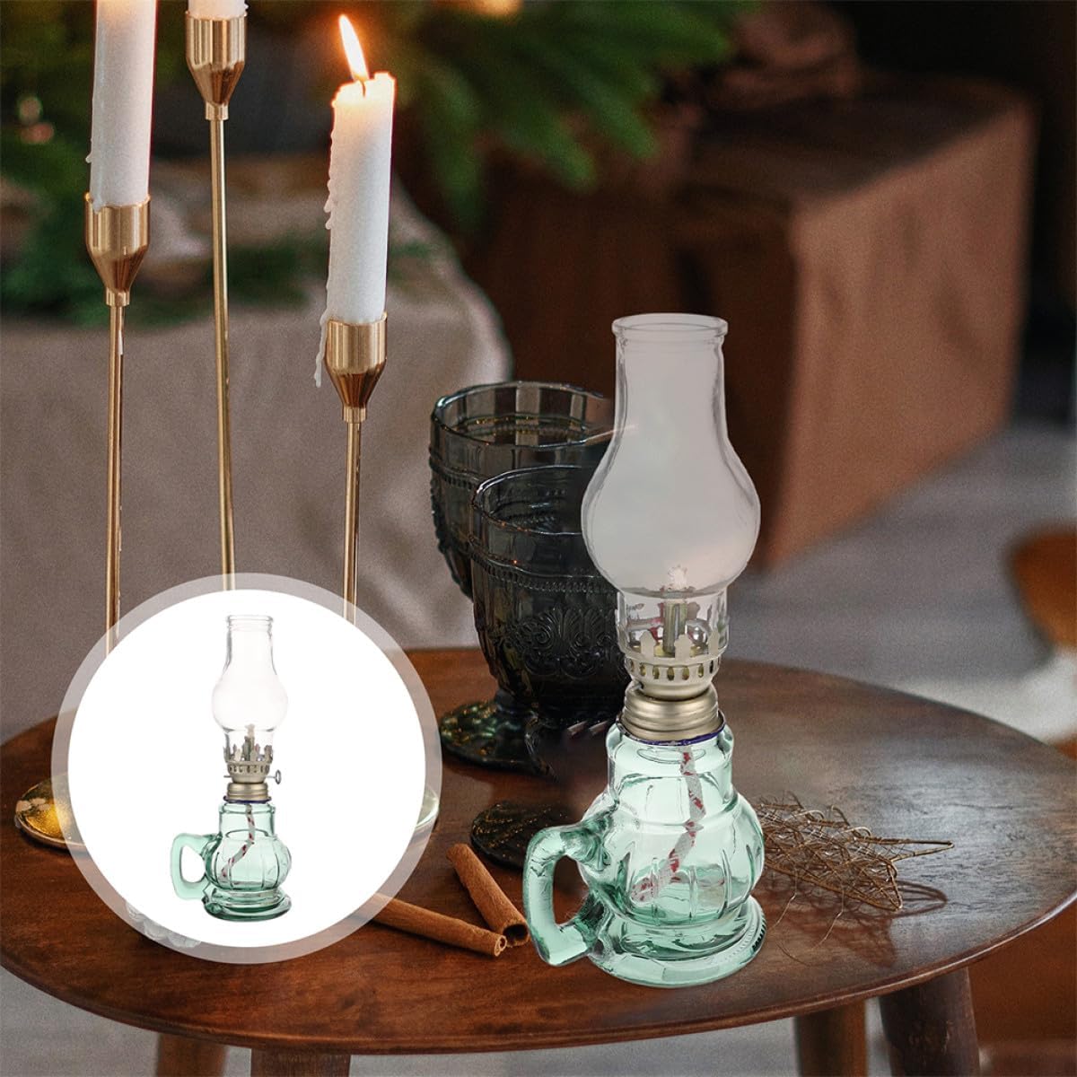 2pcs Retro Glass Oil Lamps with Wicks, Blue Vintage Kerosene Lanterns for Emergency Home and Outdoor Lighting