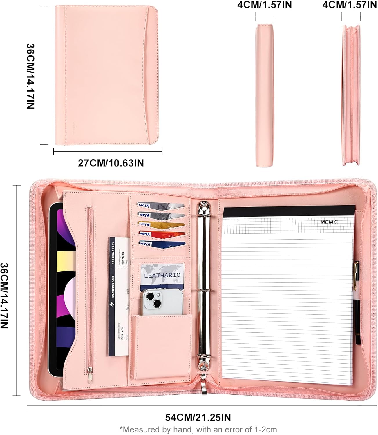Leathario Portfolio Binder, Includes 10 Sheet Protectors and 3 Notepads, 3-Ring Folder Organizer, A4 Padfolio with Zipper, Vegan Leather Tablet Sleeve, Business Office Conference Clipboards - Image 3