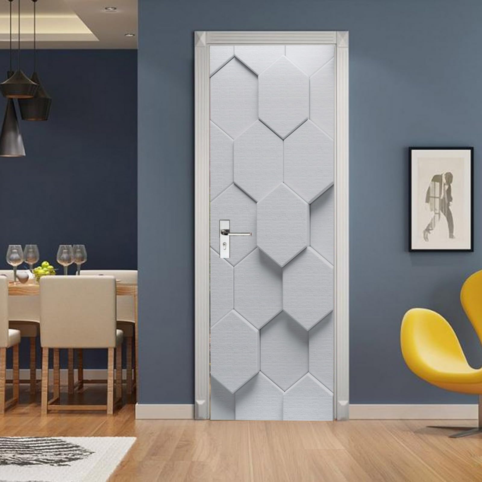 3D Door Stickers for Interior Doors White Hexagon Geometric Pattern Vinyl Waterproof Self Adhesive Door Mural Decals for Bedroom Office Bathroom 90x200cm