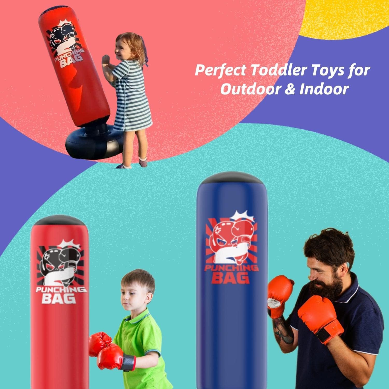 Inflatable Sports Toys Punching Bag for Kids – Bop Bag for Toddlers and Children Ages 4 5 6 7 8 – 47" Blow Up Toy with Bounce-Back Action – Upgraded Version