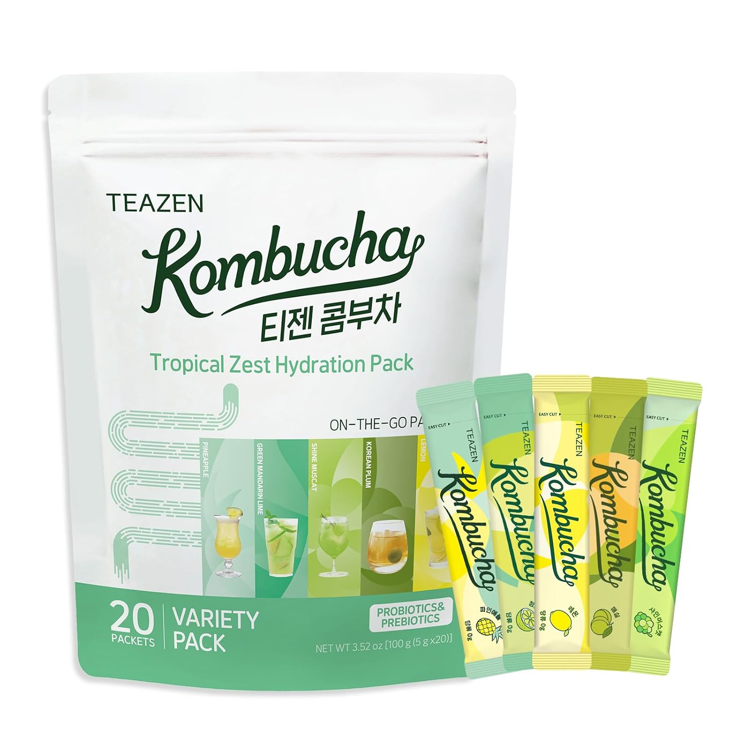 TEAZEN Kombucha Tea Tropical Zest Hydration Variety Pack - 20 Sticks, 5 Flavor (Lemon, Pineapple, Korean Plum, Shine Muscat, Green Mandarin-Lime)