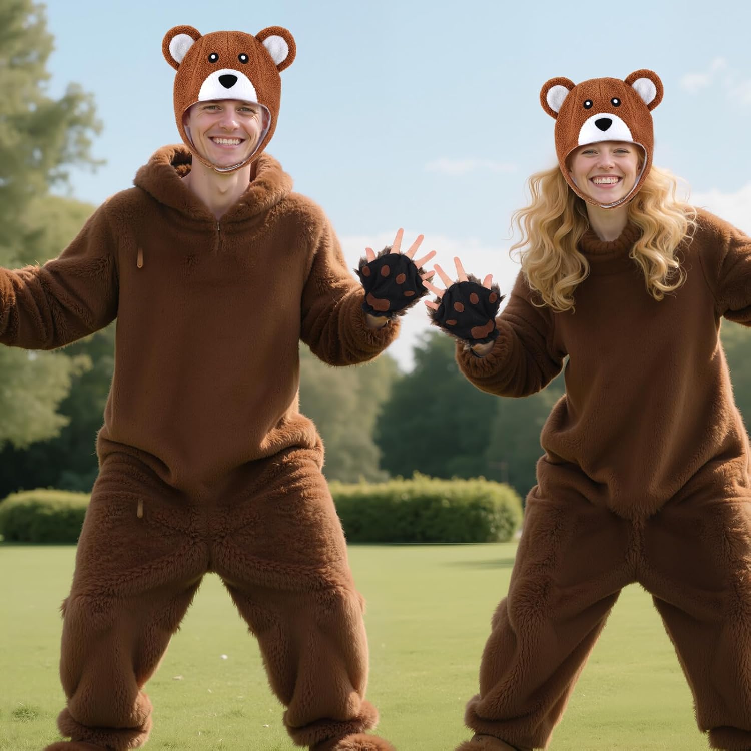 Zoooyawn 3 Pcs Brown Bear Halloween Costume Set Plush Brown Bear Hat with Ear Flaps Faux Fur Fingerless Paws Gloves with Elastic Wristbands for Adult Halloween Cosplay Party Outfit Decoration Supplies - Image 5