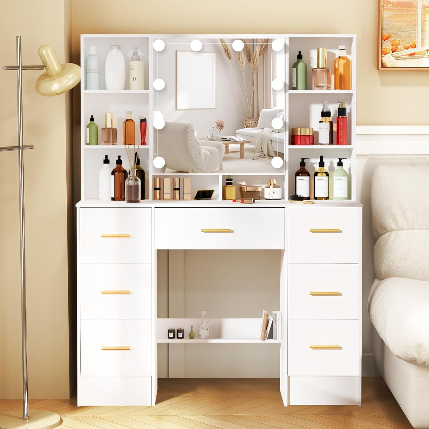 Vanity Desk with Mirror with Lights, Makeup Vanity with LED Ligted Mirror, Vanity Table Set with 5 Drawers and Stool, Shelves, Vanity Makeup Table with Mirror for Bedroom, White