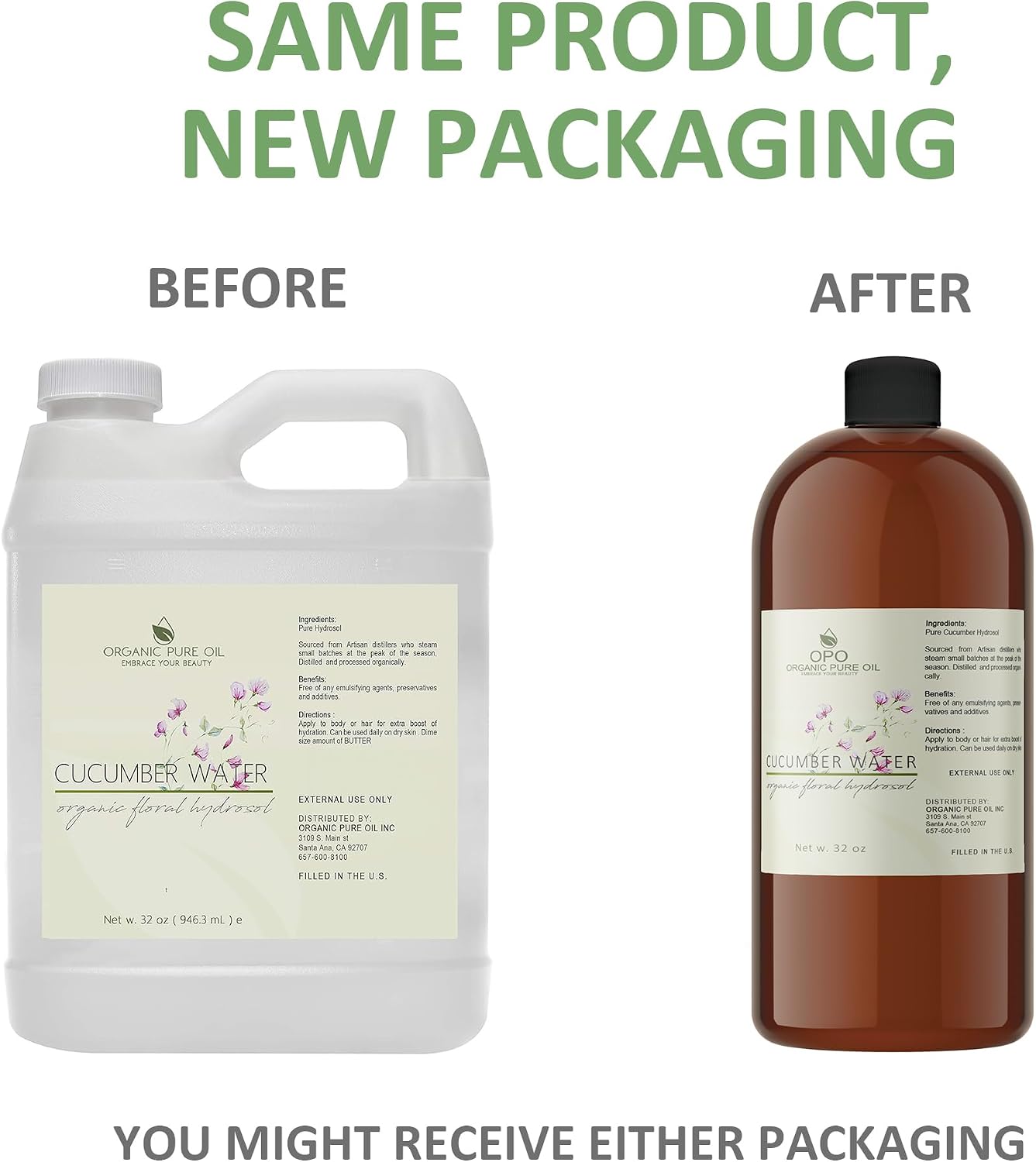 OPO Cucumber Hydrosol Spray 32 oz & Sprayer Pure Steam Distilled Vegan Toner Spritz Cleanser Water Calming Toning Aromatherapy Body Mist Linens Makeup Gentle Hydrosol Water - Packaging May Vary