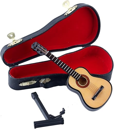 Vista 34 de Guitarra miniatura de madera con soporte y estuche, mini instrumento musical, réplica de guitarra, figuras coleccionables, accesorios de casa