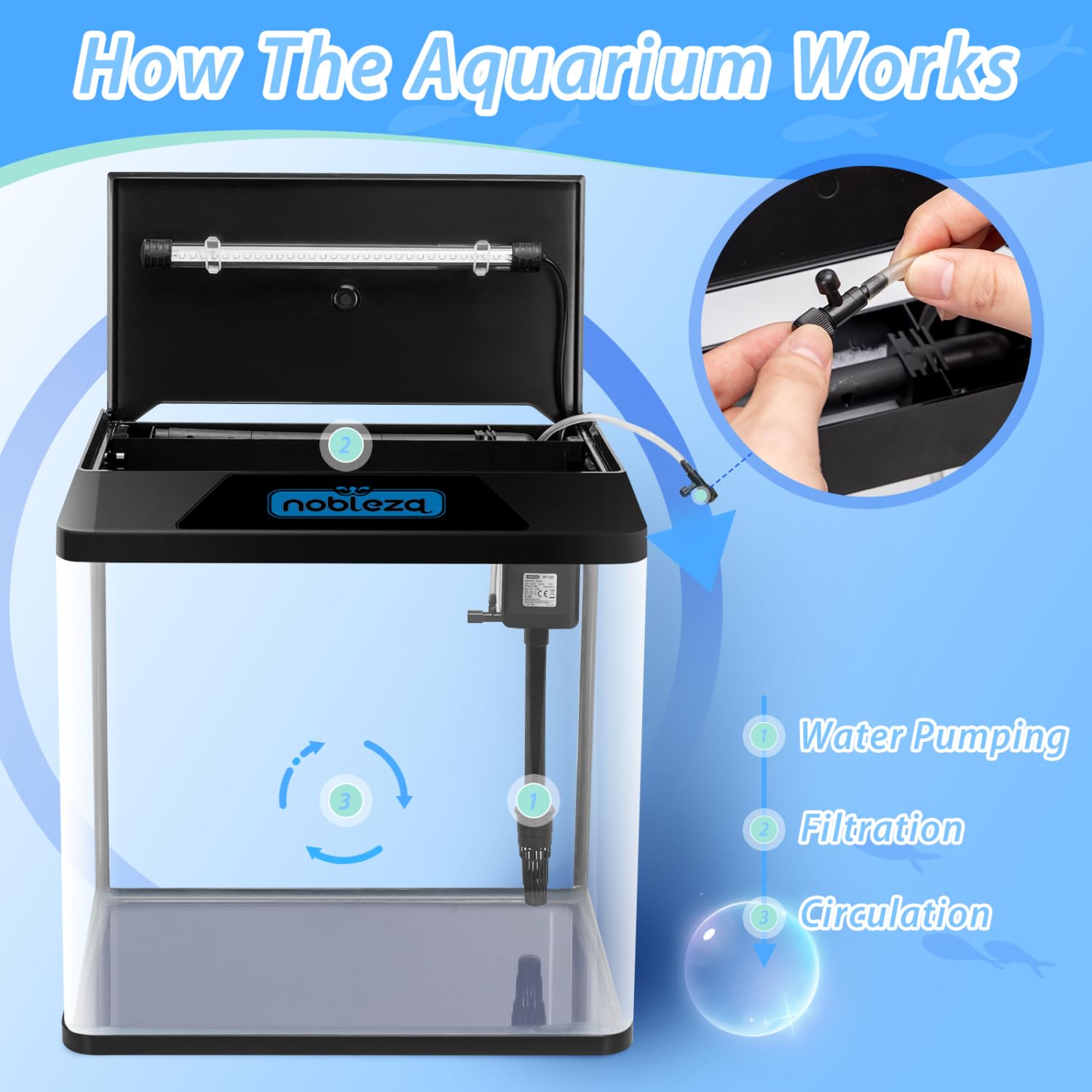 Nobleza - Acuario 30L con Filtro Integrado y Luz LED, Pecera de Cristal Completa para Peces, Acuario de Iniciación para Hogar y Oficina - Negro