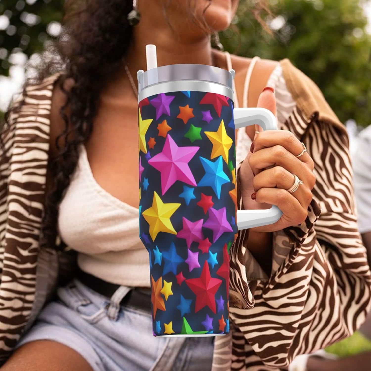 40 OZ color stars Print Ice Bully Cup with Handle Straw Lid Straw,Stainless Steel Tumbler Coffee Cup