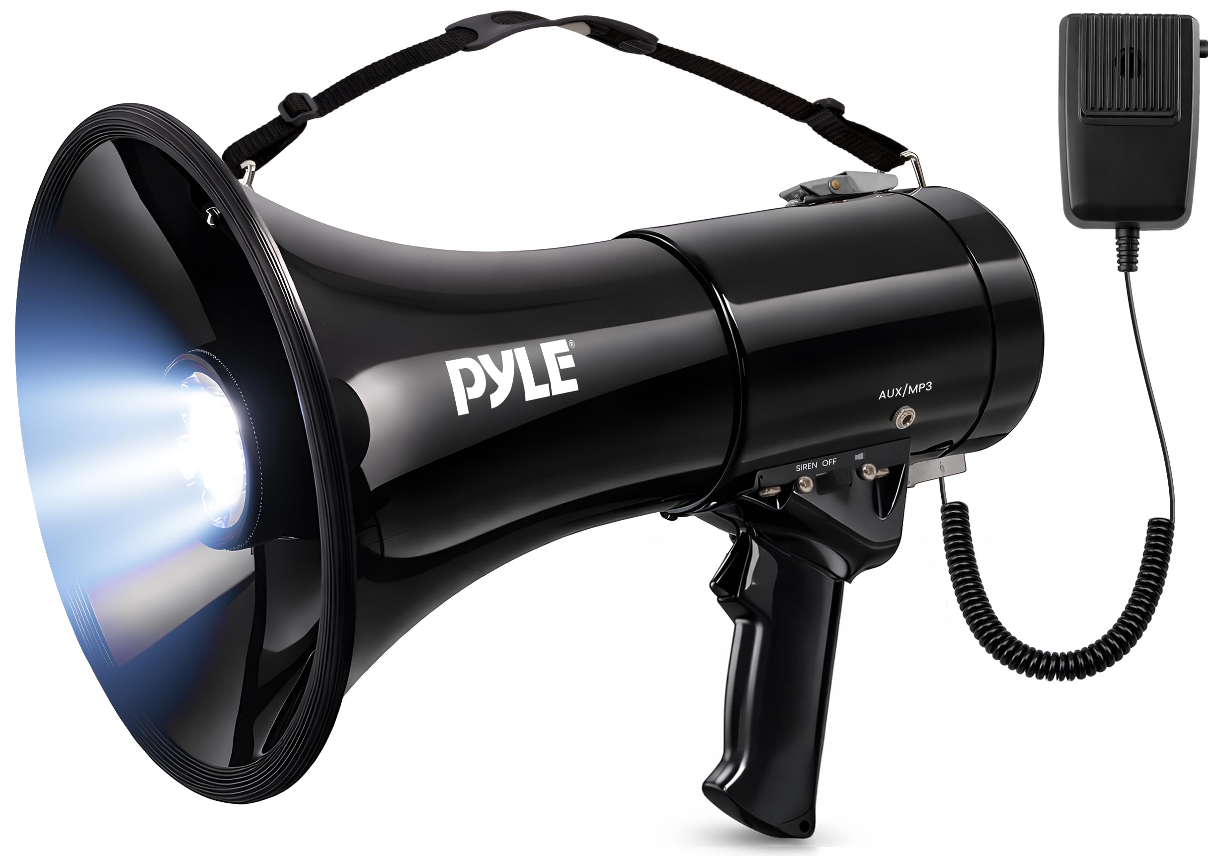 Portable Compact PA Megaphone Speaker with Alarm Siren & Adjustable Volume - 50W Handheld Lightweight Bullhorn - with Mic, AUX IN for MP3 & Rechargeable Battery - Indoor Outdoor Use - PMP561LTB