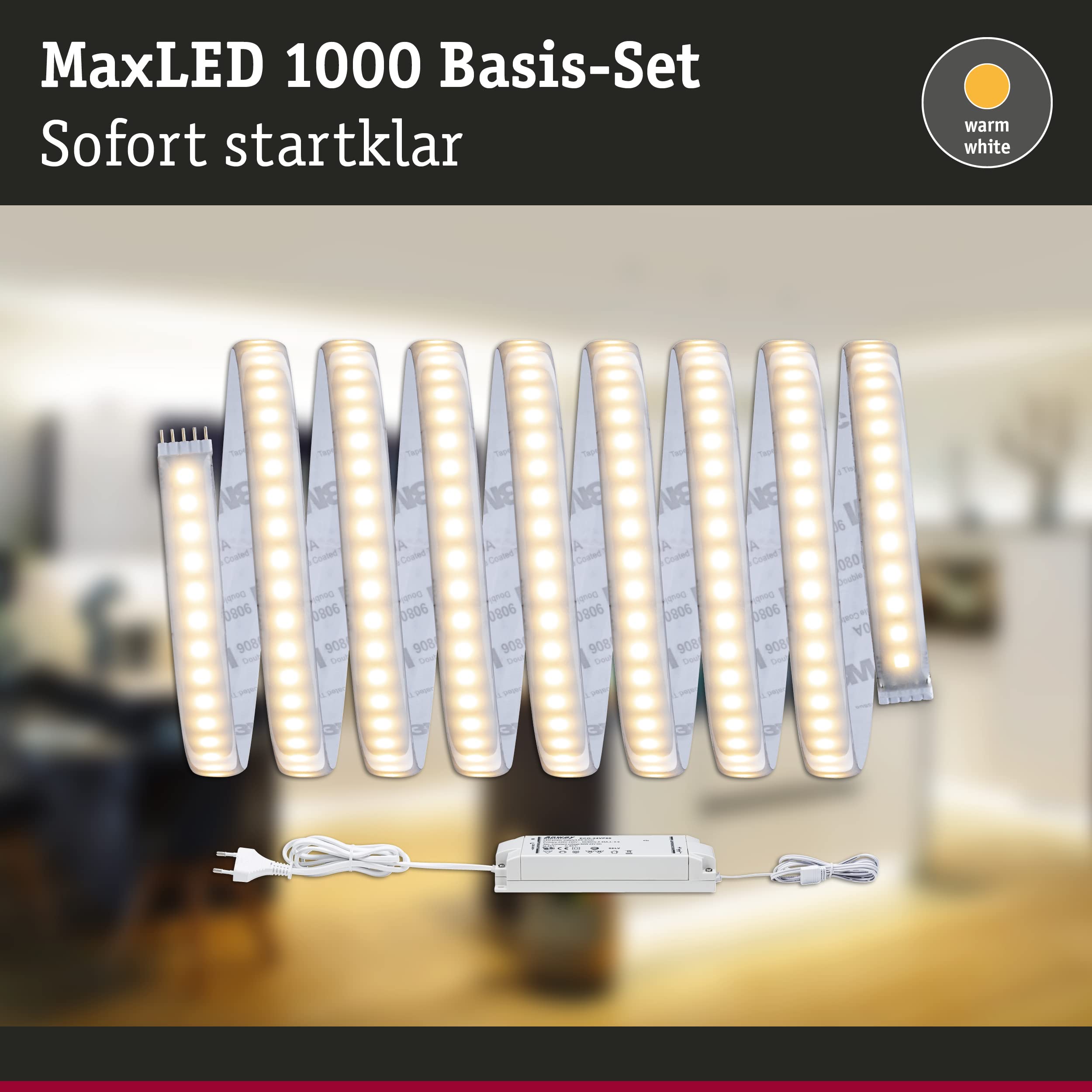 Paulmann 70670 Tira de LED MaxLED 1000 Basic Set 3m Blanco Cálido 40W 230/24V 75VA Plata 70670 Tira de LED Tubo de Luz de Tira