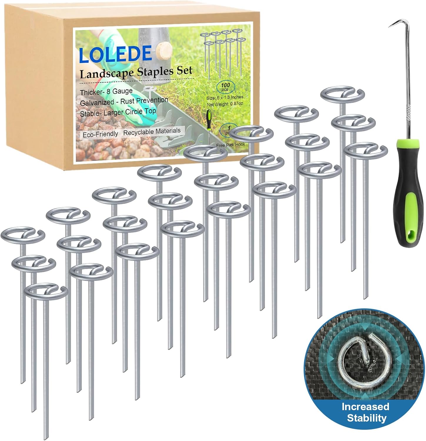 Landscape Staples Set（200Pcs） Thickened 6 Inch 8 Gauge Galvanized Garden Pins Set, Anti-Rust Heavy Duty Circle Top Metal Stakes for Weed Barrier, Lawn Edging & Landscaping