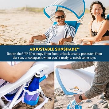 GCI Outdoor Sunshade Backpack Beach Chair | Reclining Folding Canopy Chair with Durable Armrests, Drink Holder & Carry Straps, Perfect for Beach Trips & Picnics Saybrook Blue