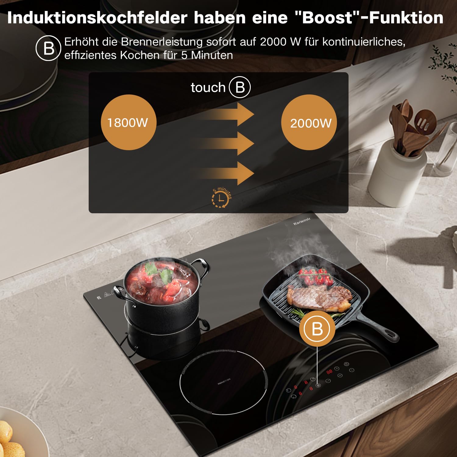 Induktionskochfeld 3 Platten, 60cm Induktionsherd mit Boost | 3500W, 9 Leistungsstufen, Touch-Bedienung, Eingebauter, Sicherheitssperre, Stecker, Timer, Hinweis zur Restwärme