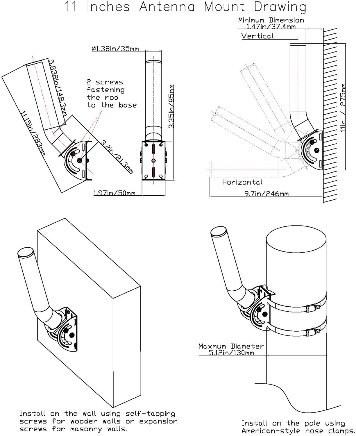 Universal Wireless Bridge Bracket Mount, 11‘’(H) - Φ1.38‘’ Pole and Wall Mounted Stainless Steel Antenna Mounting Bracket kit for Outdoor TV Antennas, Network WiFi Extender, Acess Point, CPE (2-Pack)