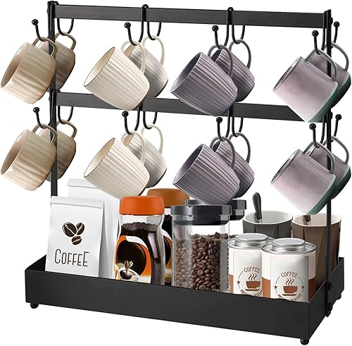 Biggun Soporte para tazas de café con ganchos extraíbles, de metal, de 2 niveles, 16 tazas, organizador de almacenamiento para mostrador, soporte de