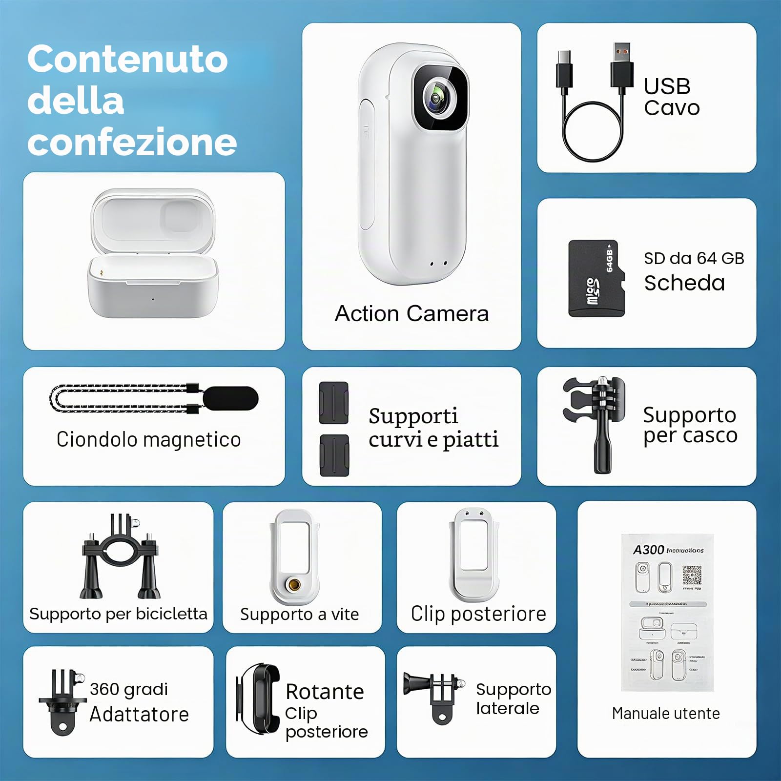 Mini videocamera d'azione 4K, con schermo girevole a 180°, magnetica, vivavoce, POV, con scheda da 64 GB, fotocamera subacquea impermeabile fino a 30 m, per ciclismo, moto, casco, animali domestici