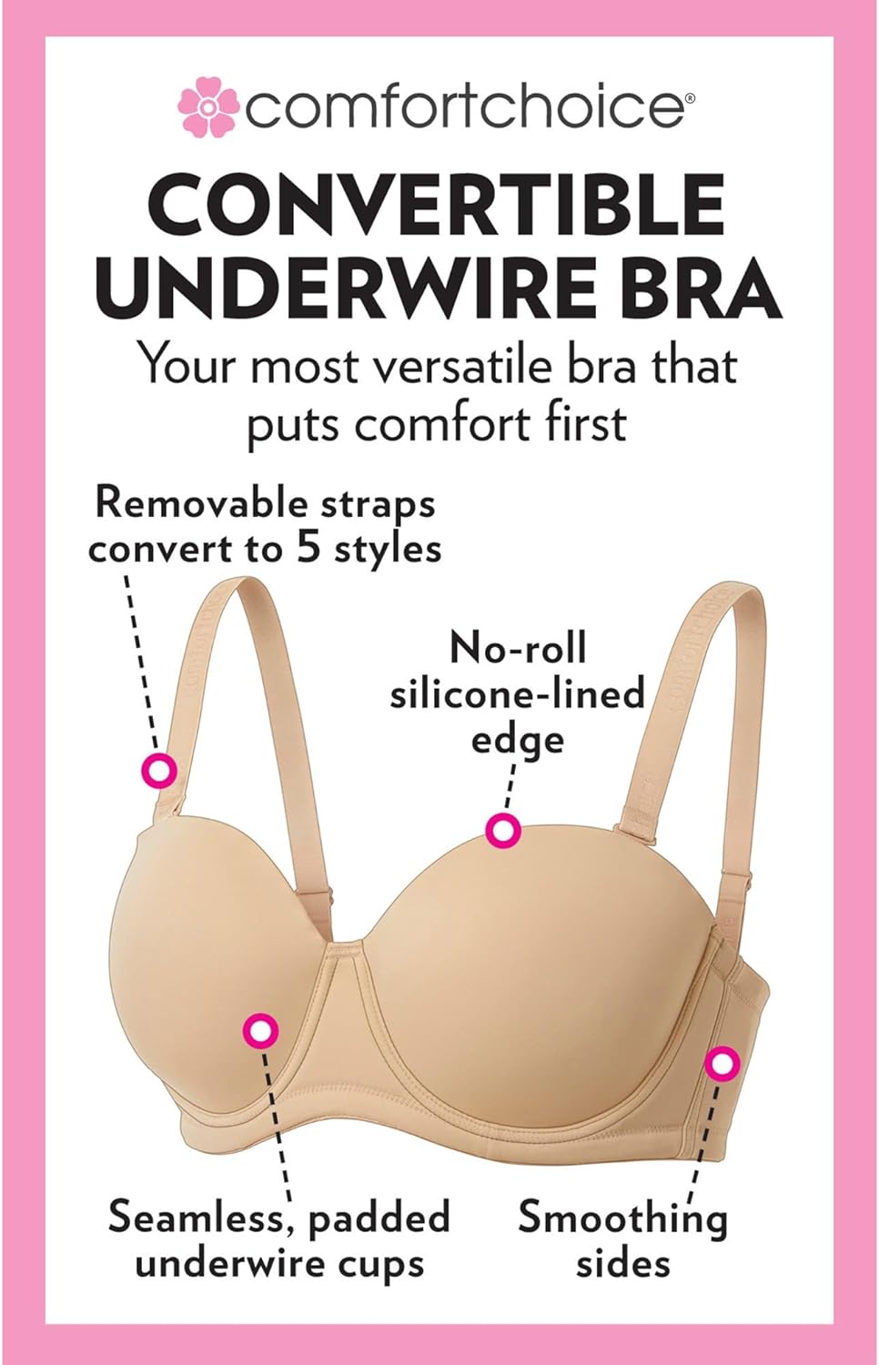 Comfort Choice Women's Plus Size Convertible Strapless Underwire Bra