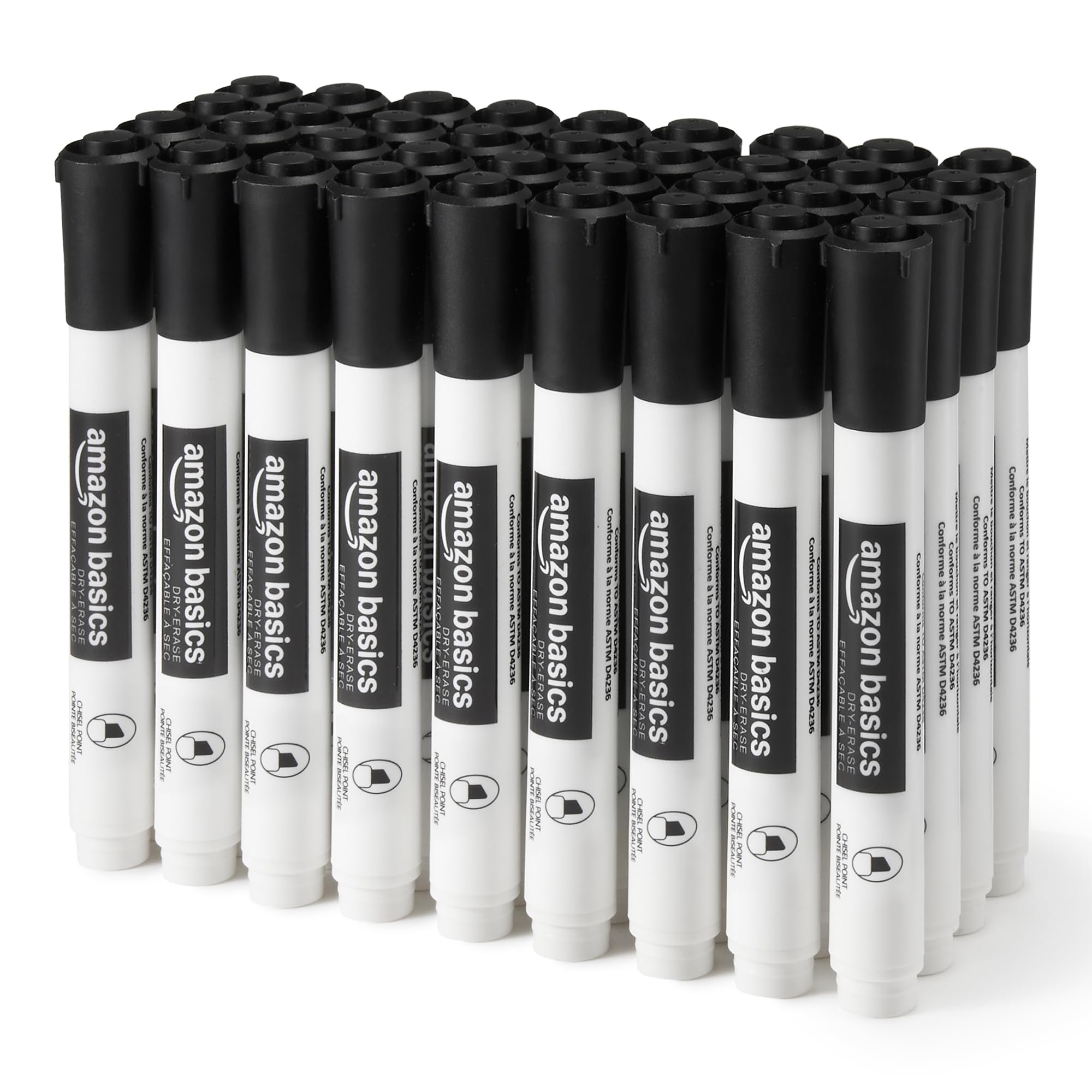 Amazon Basics Low-Odor Whiteboard Markers for Whiteboards, Chisel Tip, Black, Pack of 36