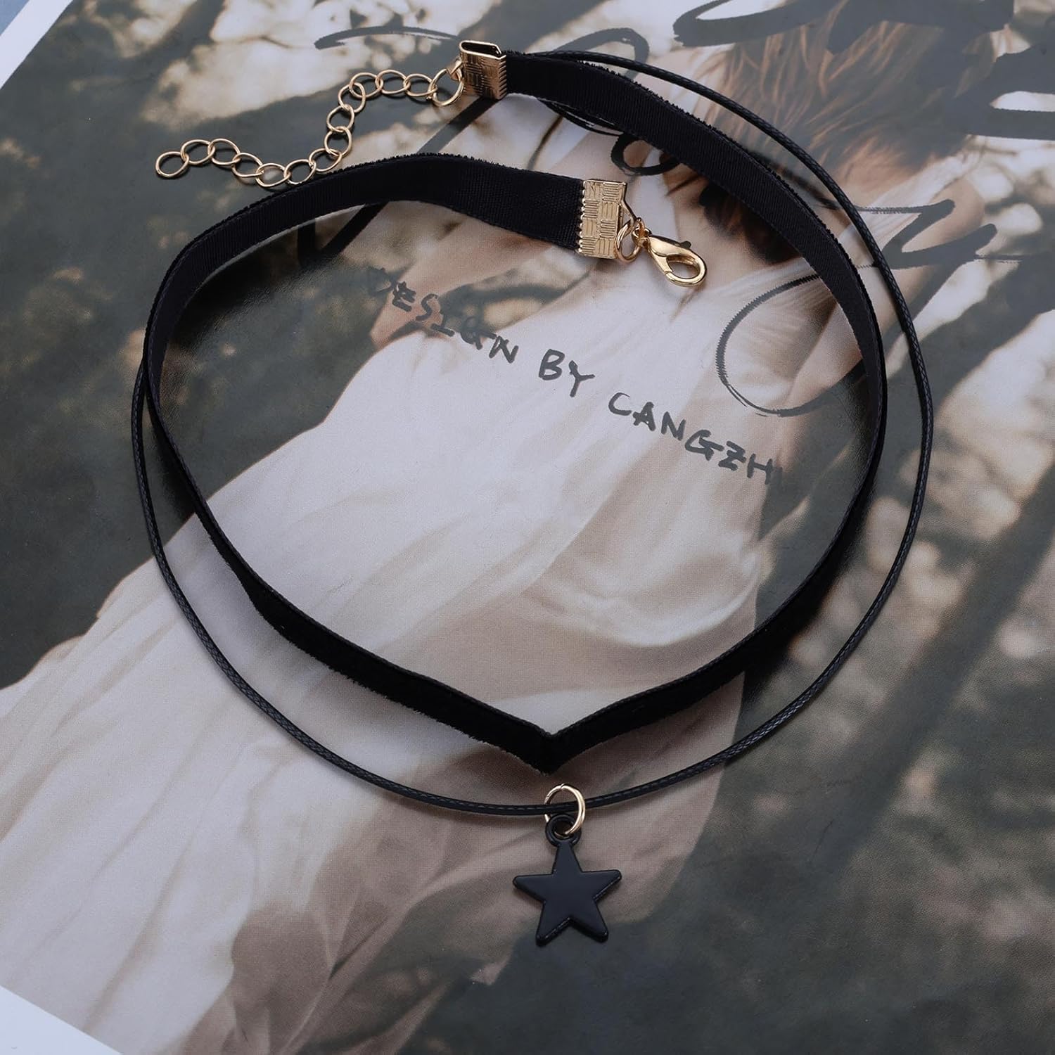 Vintage Layered Black Velvet Choker Necklace Star Pendant Necklace Black Star Choker Necklace Short Black Leather Necklace Boho Suede Leather Choker Necklace for Women - Image 3