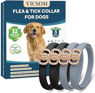 VICSOM Flea & Tick Collar for Dogs 4 Pack - 32 Months Waterproof Natural Protection, Adjustable for Small Medium Large Puppies (Black Grey)