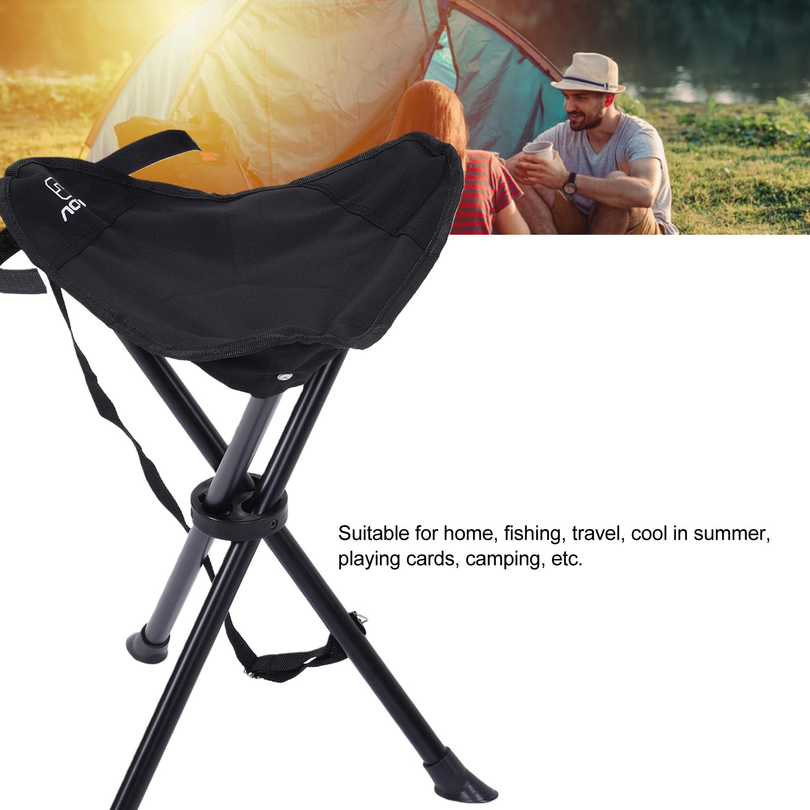 Sgabello pieghevole con treppiede, antiscivolo, portatile, sedia pieghevole per campeggio, pesca, picnic, carico 200 kg, rivestimento impermeabile in PVC (nero)