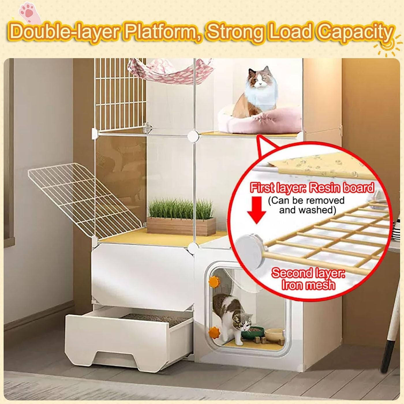 Indoor, Large DIY Cat Enclosure, with Door Lock + Cat Litter Box, Easy to Clean, Good Ventilation(107 * 47 * 72cm)