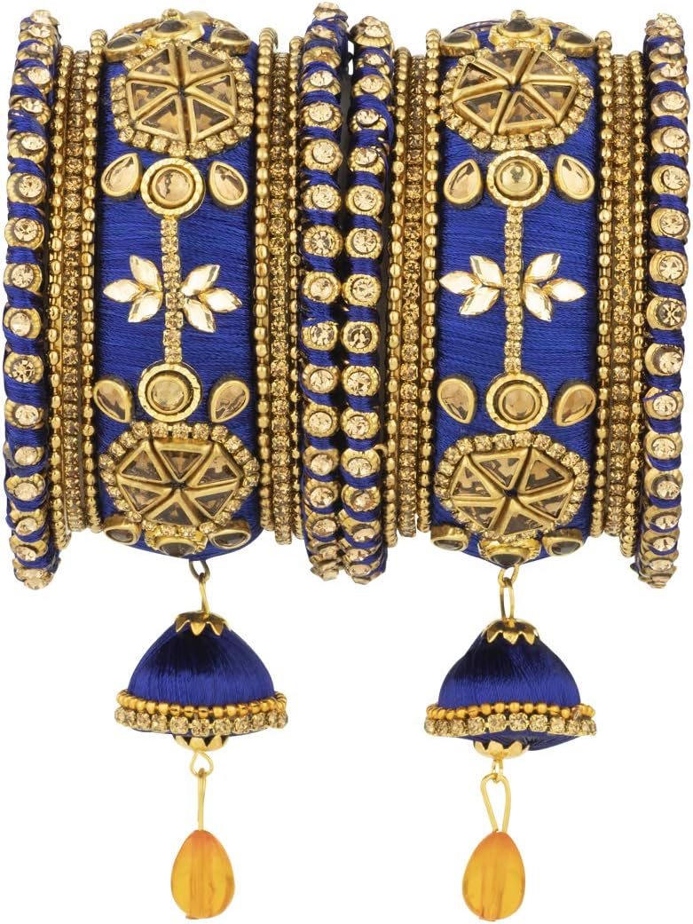 Aheli Royal Design Faux Stone Studded Silk Thread Bangle Chuda Set with Jhumki Tassel Hanging Indian Wedding Fashion Jewelry for Women Blue