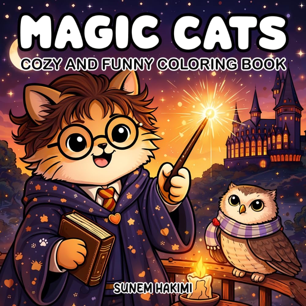 Magic Cats Coloring Book: 40 Magical Cat Scenes, Fantasy, Cute and Cozy Magical Cat Adventures Coloring Pages for Kids and Adults