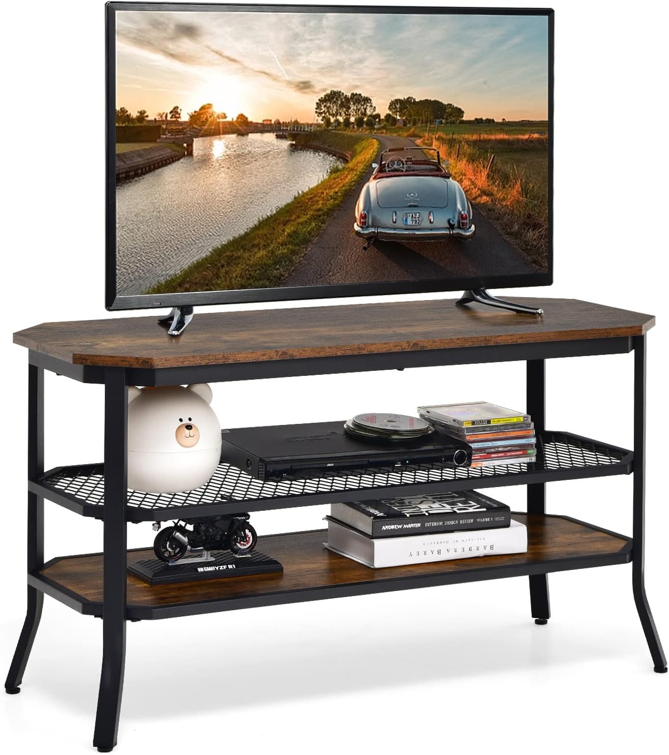 Tangkula TV Stand for TVs up to 46 Inch, 3-Tier Industrial Wooden Console Table with Mesh Grid Storage Shelf, Metal Frame, Rustic Entertainment Center for Living Room (Rustic Brown)